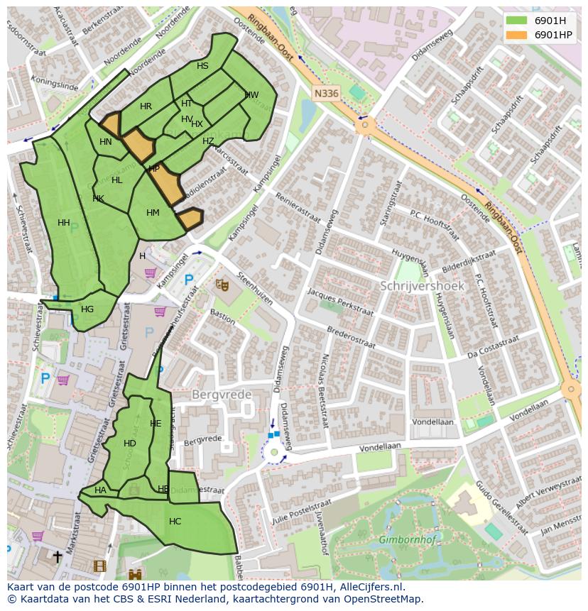 Afbeelding van het postcodegebied 6901 HP op de kaart.