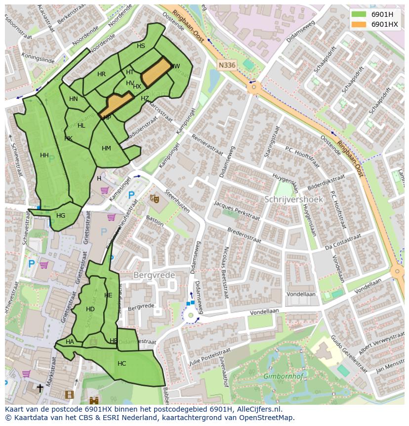 Afbeelding van het postcodegebied 6901 HX op de kaart.