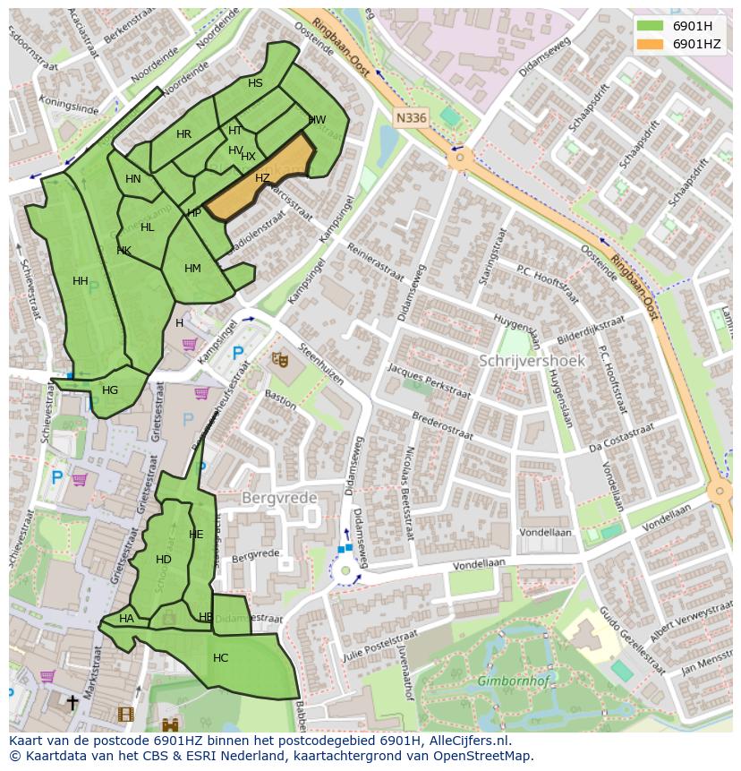 Afbeelding van het postcodegebied 6901 HZ op de kaart.