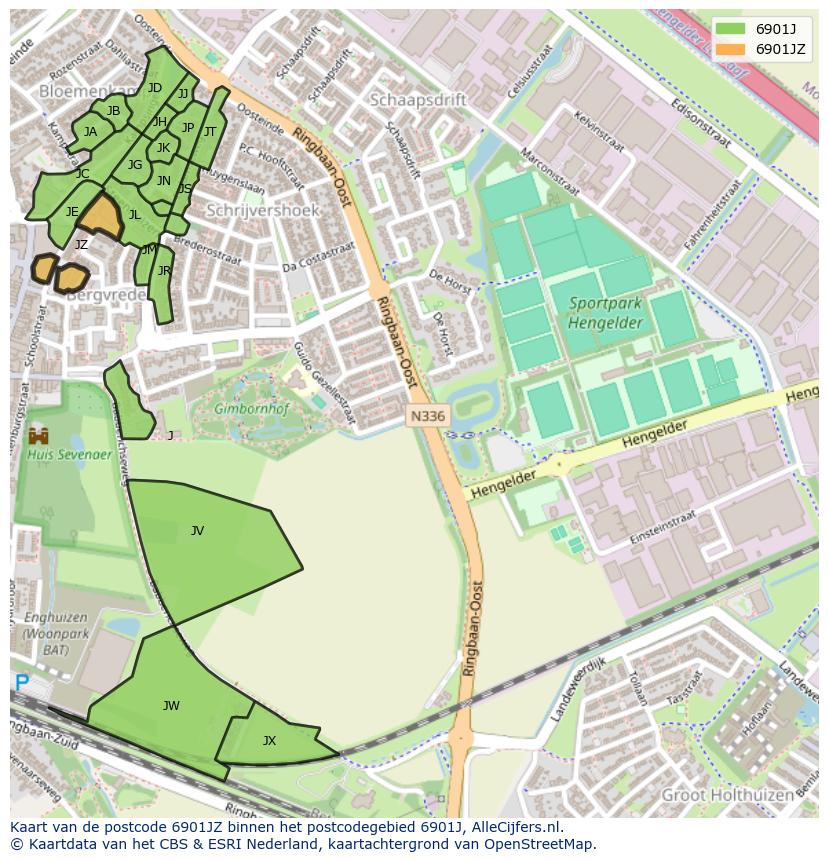 Afbeelding van het postcodegebied 6901 JZ op de kaart.