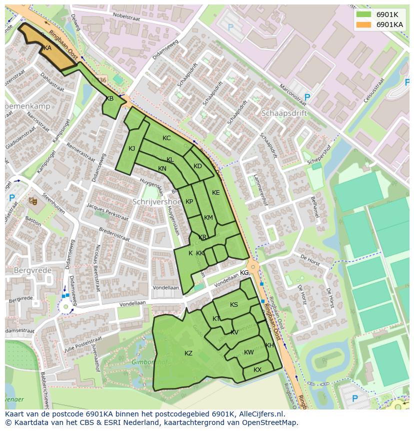 Afbeelding van het postcodegebied 6901 KA op de kaart.