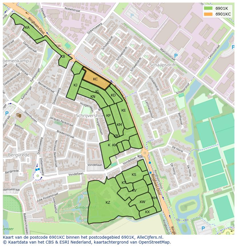 Afbeelding van het postcodegebied 6901 KC op de kaart.