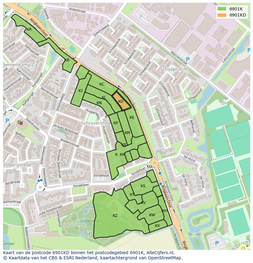 Afbeelding van het postcodegebied 6901 KD op de kaart.