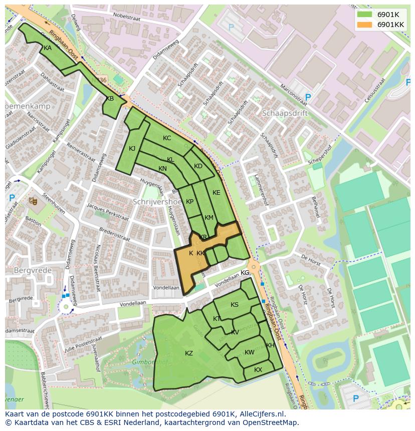 Afbeelding van het postcodegebied 6901 KK op de kaart.