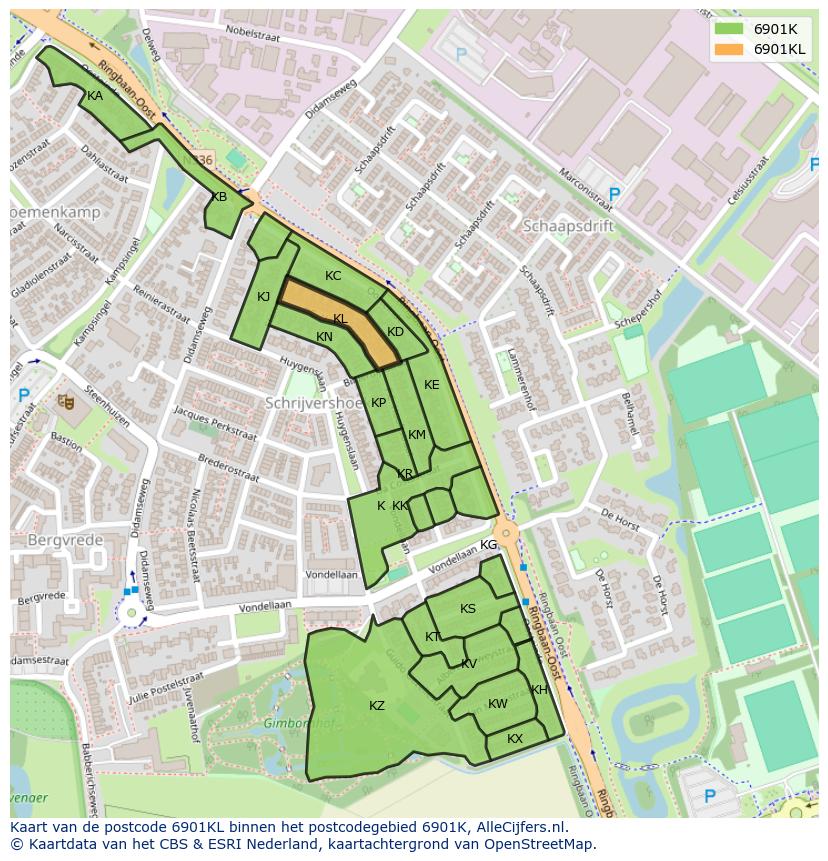 Afbeelding van het postcodegebied 6901 KL op de kaart.