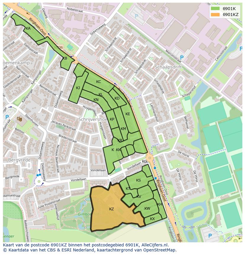 Afbeelding van het postcodegebied 6901 KZ op de kaart.