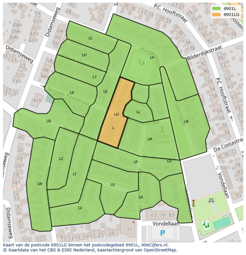 Afbeelding van het postcodegebied 6901 LG op de kaart.