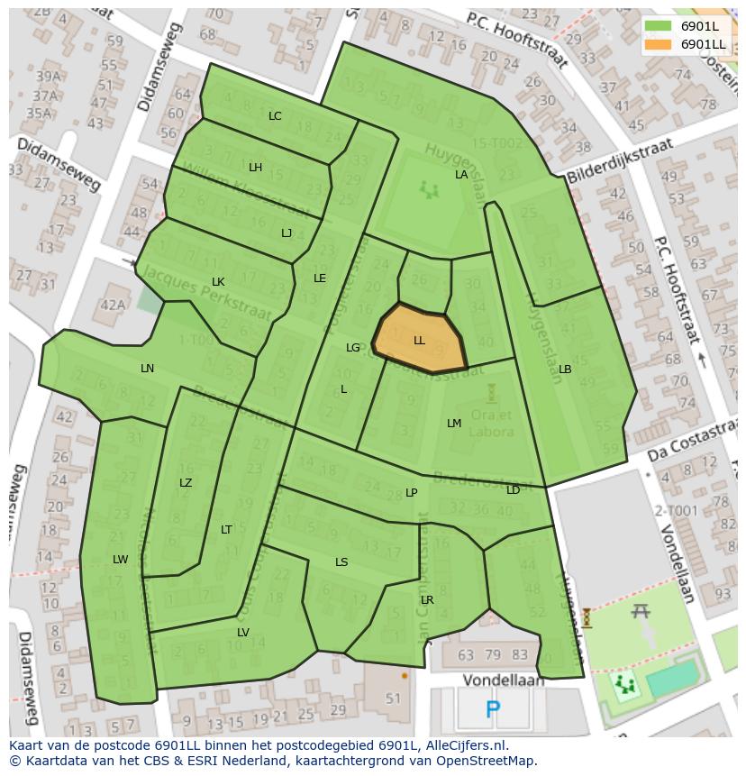Afbeelding van het postcodegebied 6901 LL op de kaart.