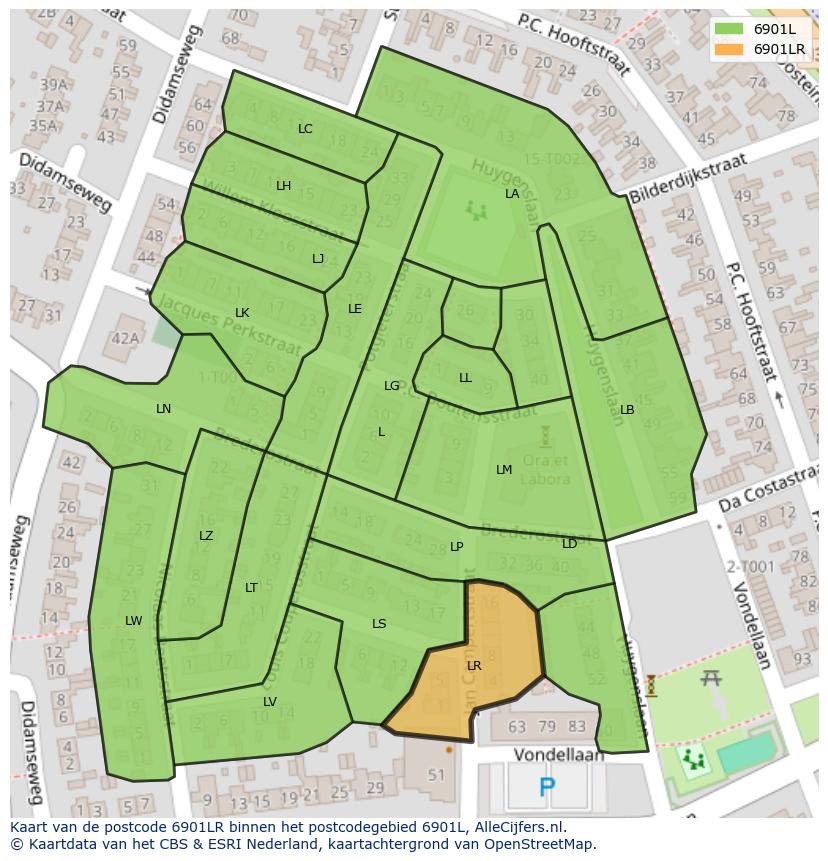 Afbeelding van het postcodegebied 6901 LR op de kaart.