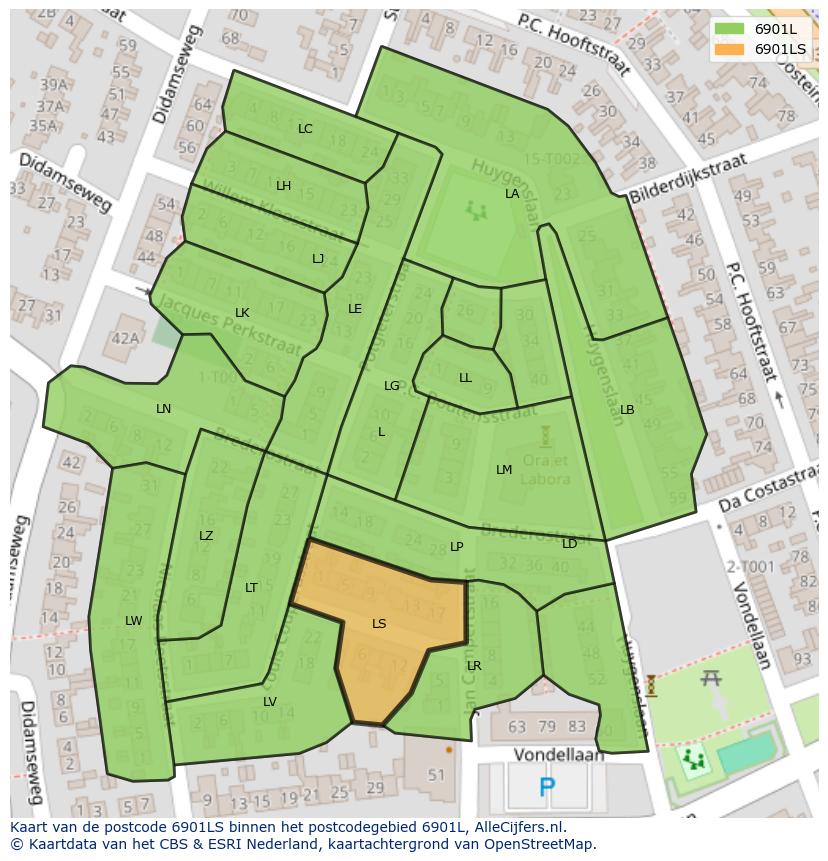 Afbeelding van het postcodegebied 6901 LS op de kaart.