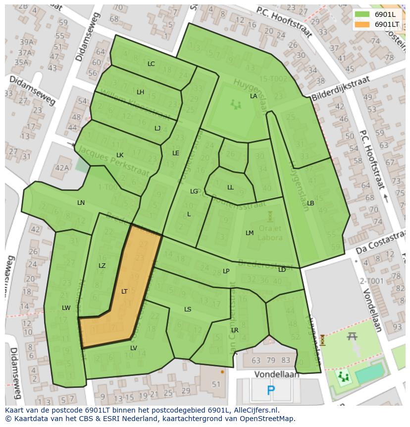 Afbeelding van het postcodegebied 6901 LT op de kaart.