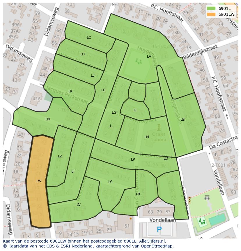 Afbeelding van het postcodegebied 6901 LW op de kaart.