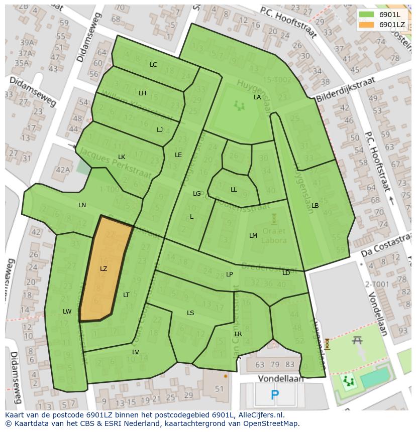 Afbeelding van het postcodegebied 6901 LZ op de kaart.