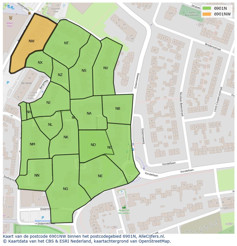 Afbeelding van het postcodegebied 6901 NW op de kaart.