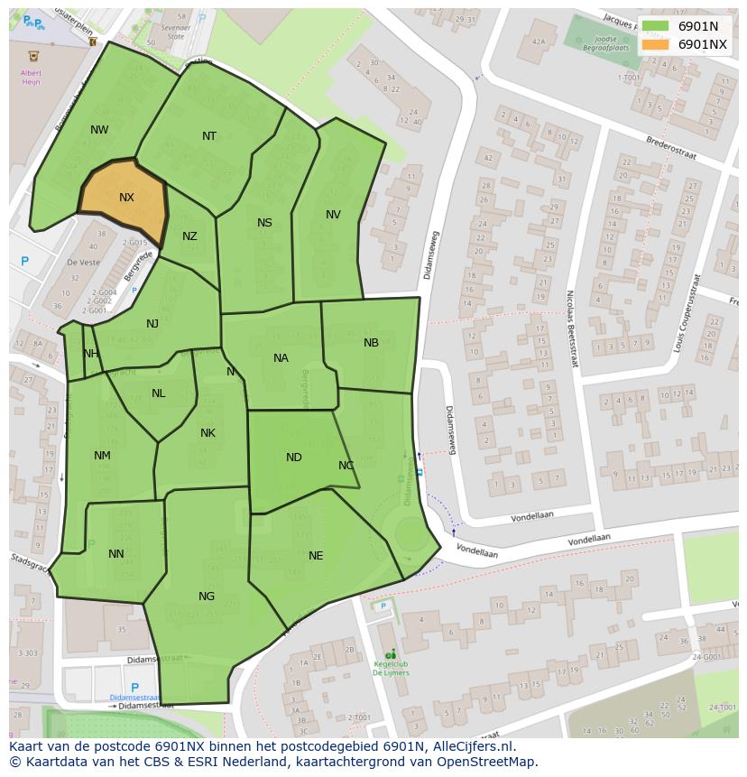 Afbeelding van het postcodegebied 6901 NX op de kaart.