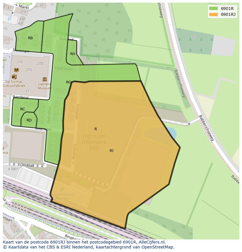 Afbeelding van het postcodegebied 6901 RJ op de kaart.