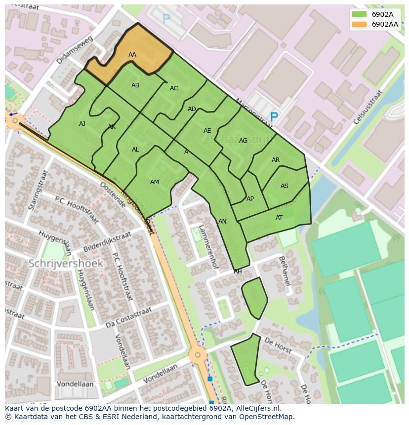 Afbeelding van het postcodegebied 6902 AA op de kaart.