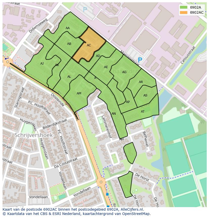 Afbeelding van het postcodegebied 6902 AC op de kaart.