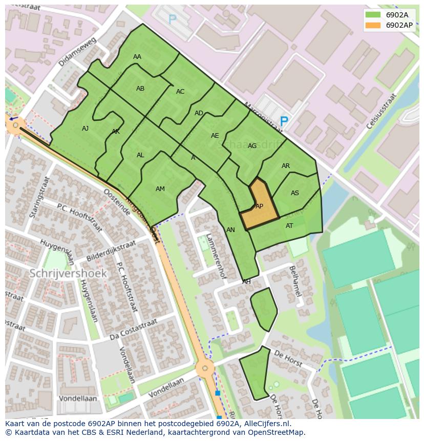 Afbeelding van het postcodegebied 6902 AP op de kaart.