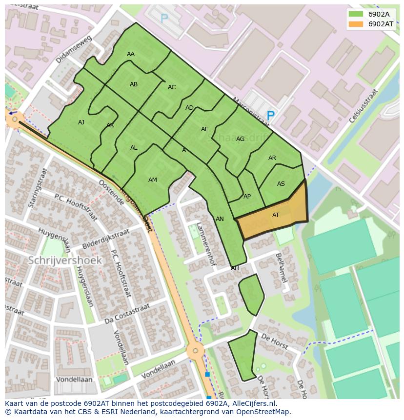 Afbeelding van het postcodegebied 6902 AT op de kaart.