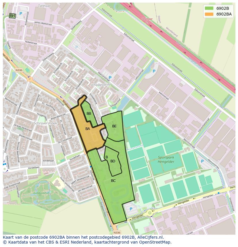 Afbeelding van het postcodegebied 6902 BA op de kaart.