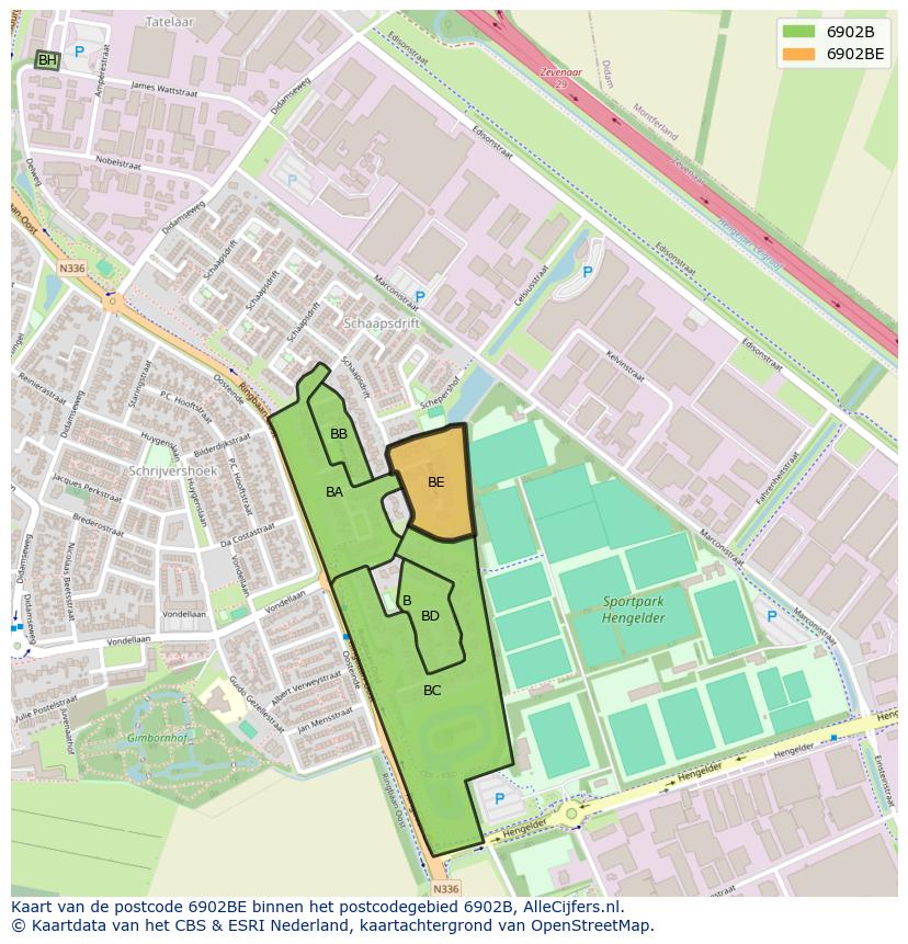 Afbeelding van het postcodegebied 6902 BE op de kaart.