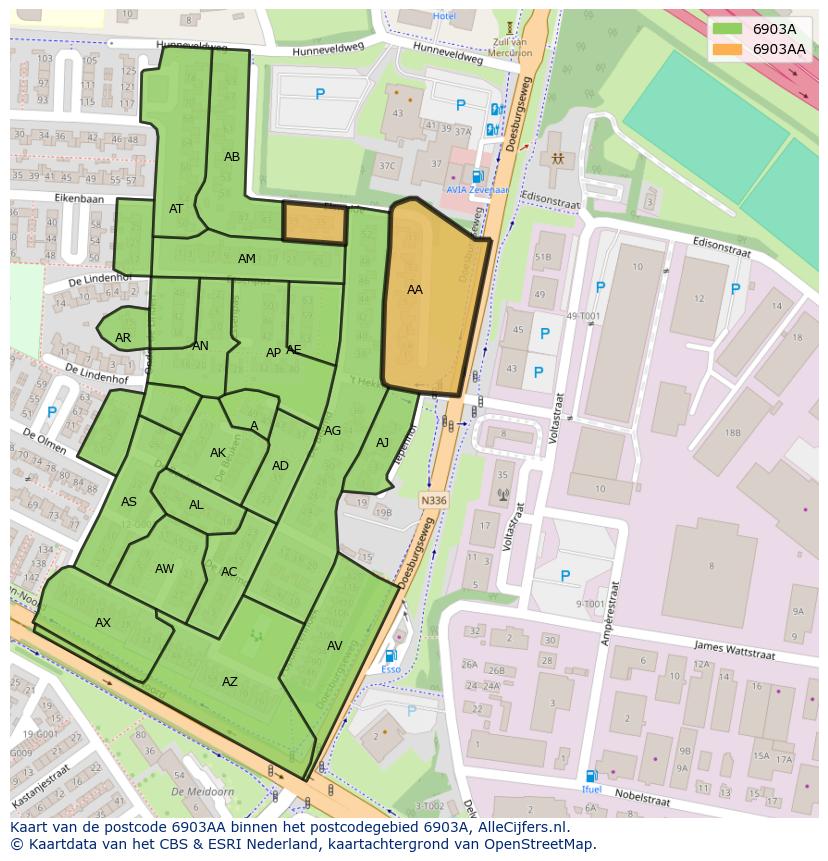 Afbeelding van het postcodegebied 6903 AA op de kaart.