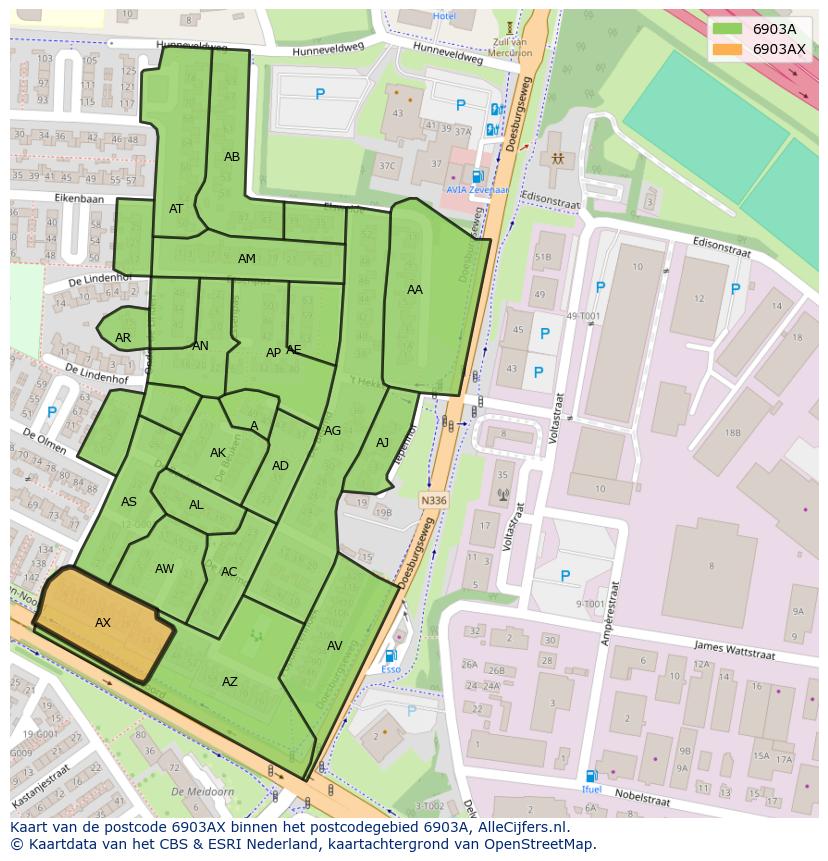 Afbeelding van het postcodegebied 6903 AX op de kaart.