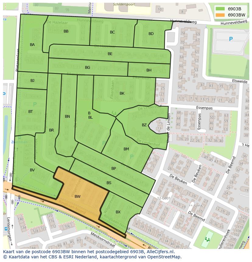 Afbeelding van het postcodegebied 6903 BW op de kaart.