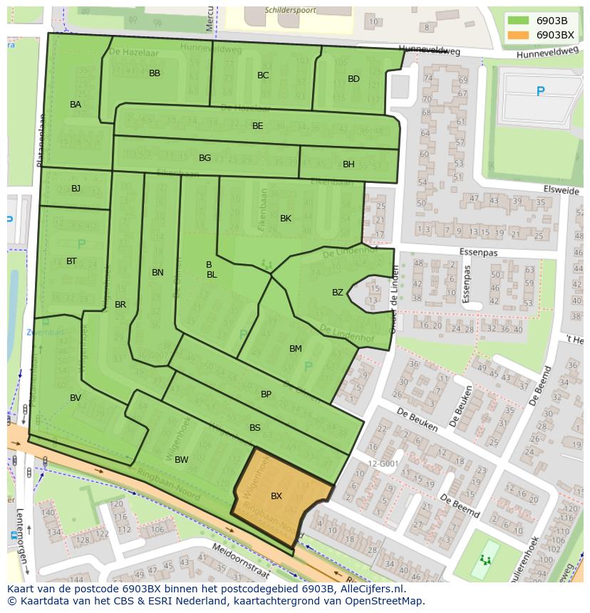 Afbeelding van het postcodegebied 6903 BX op de kaart.
