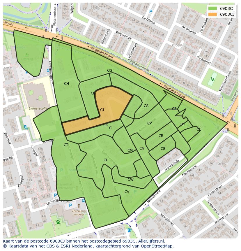 Afbeelding van het postcodegebied 6903 CJ op de kaart.