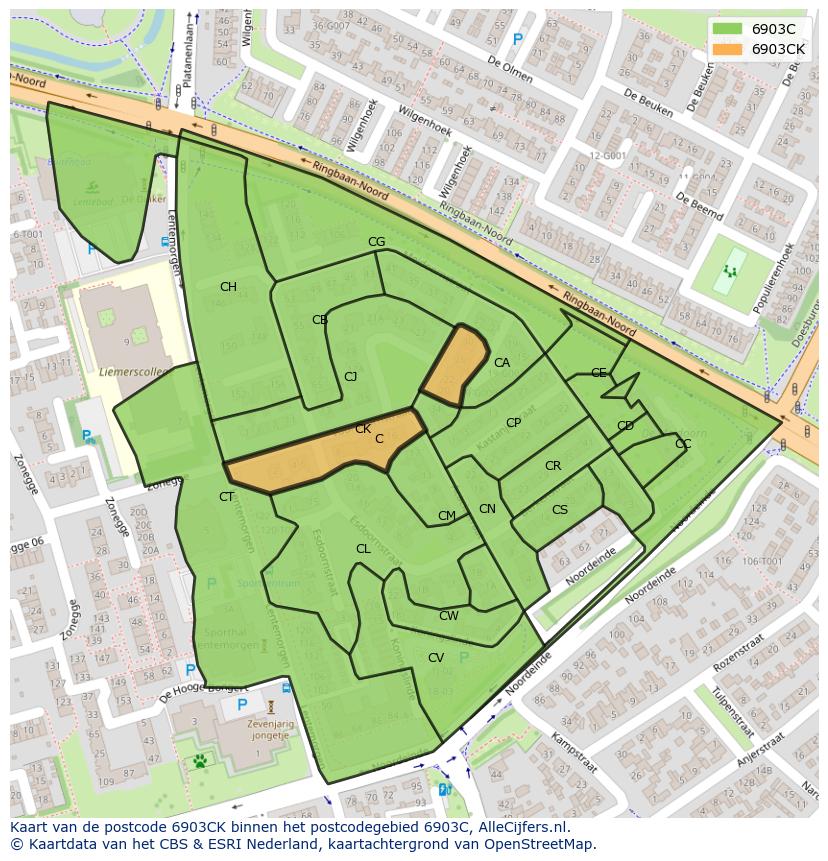 Afbeelding van het postcodegebied 6903 CK op de kaart.