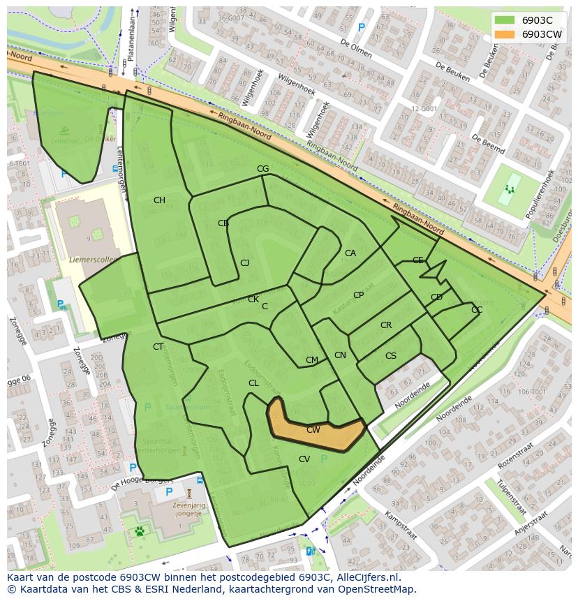 Afbeelding van het postcodegebied 6903 CW op de kaart.