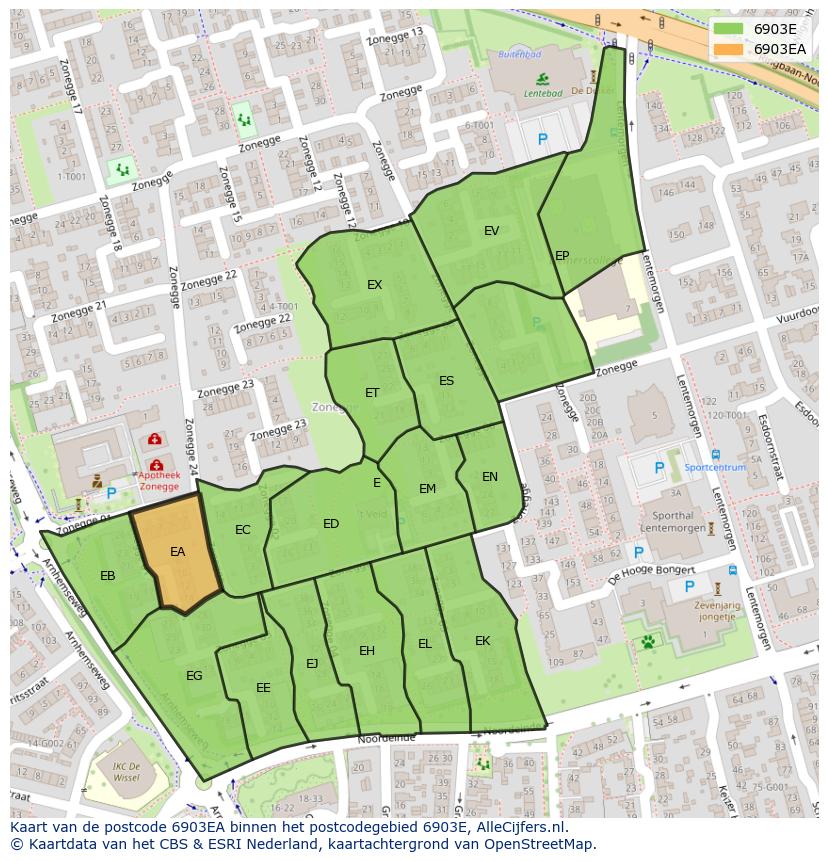 Afbeelding van het postcodegebied 6903 EA op de kaart.