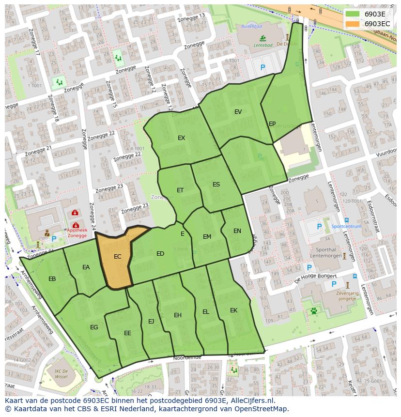 Afbeelding van het postcodegebied 6903 EC op de kaart.