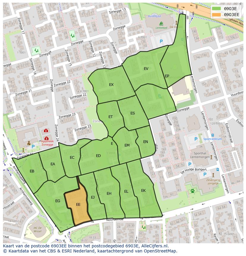 Afbeelding van het postcodegebied 6903 EE op de kaart.