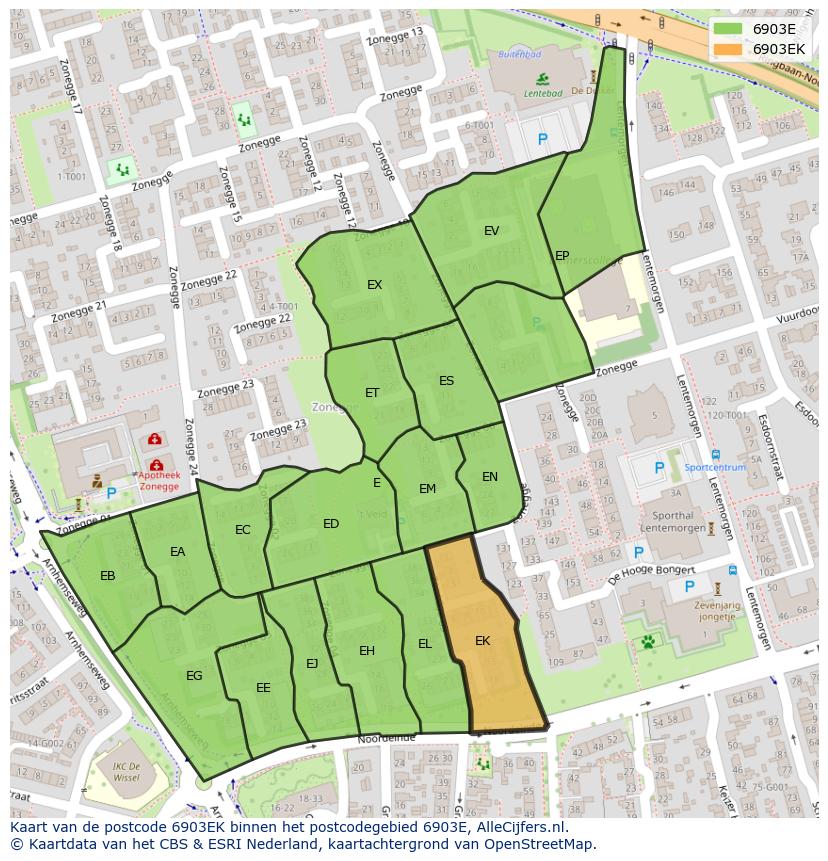 Afbeelding van het postcodegebied 6903 EK op de kaart.