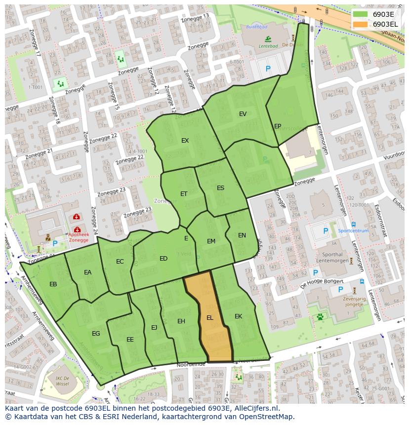 Afbeelding van het postcodegebied 6903 EL op de kaart.