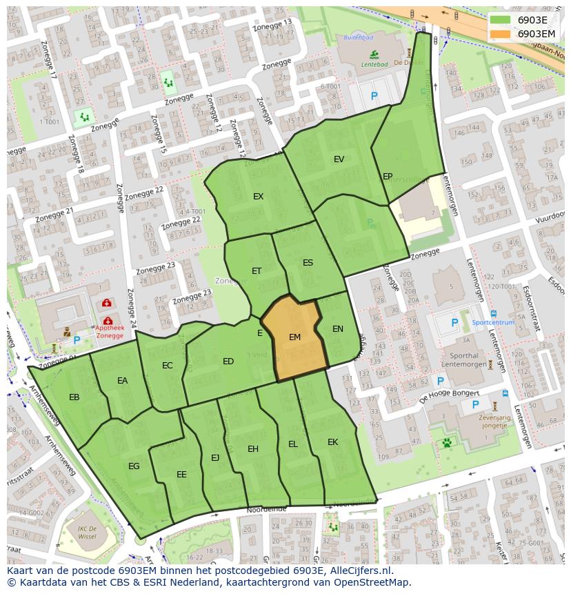 Afbeelding van het postcodegebied 6903 EM op de kaart.