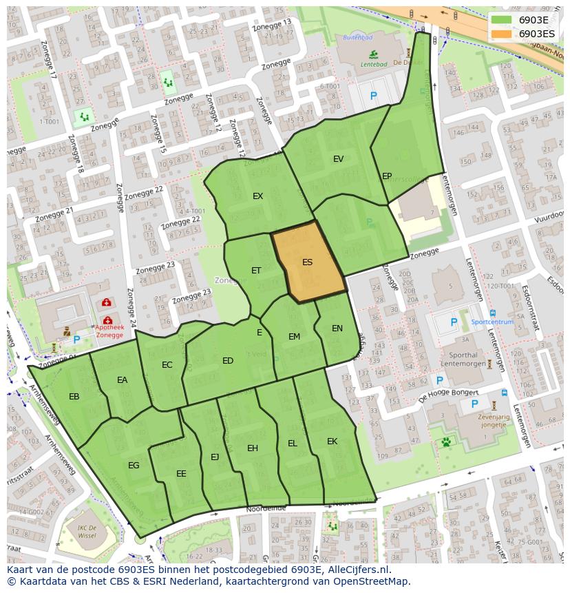 Afbeelding van het postcodegebied 6903 ES op de kaart.