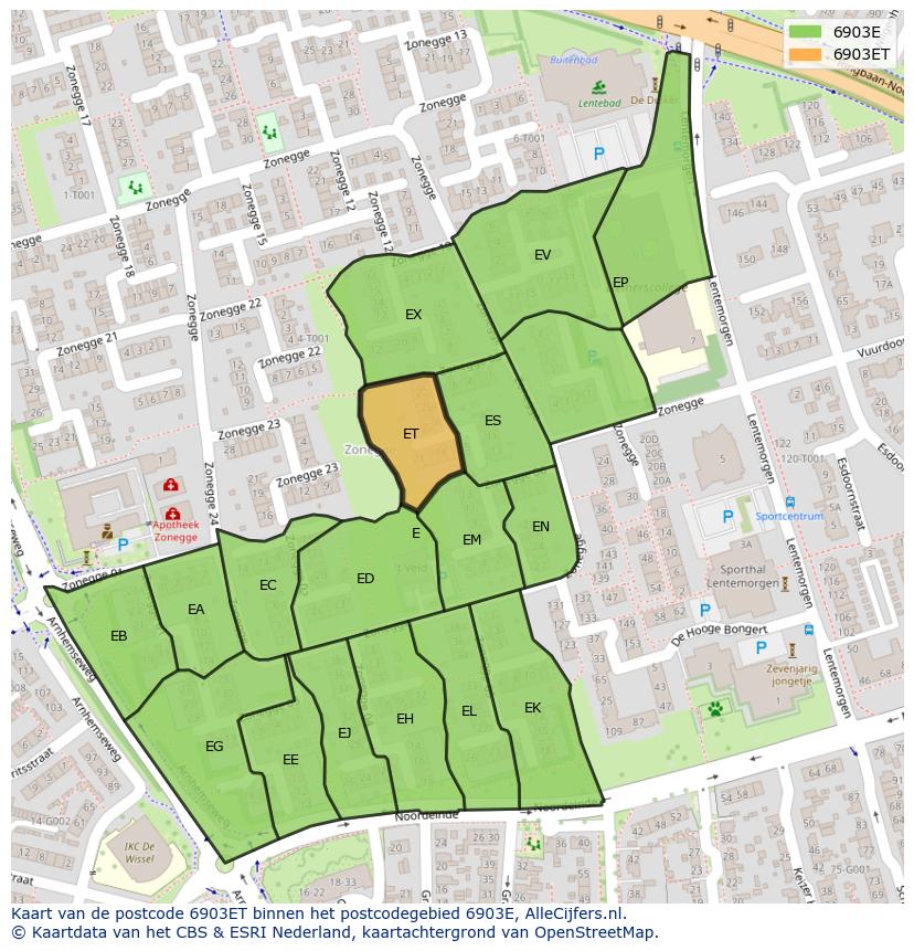 Afbeelding van het postcodegebied 6903 ET op de kaart.