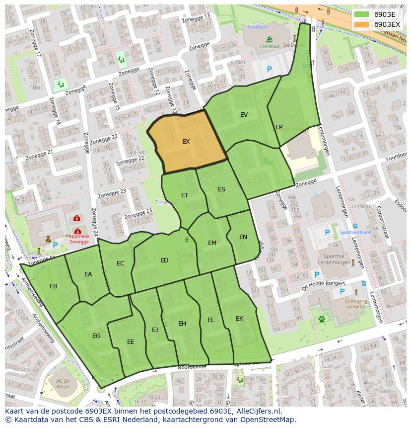 Afbeelding van het postcodegebied 6903 EX op de kaart.