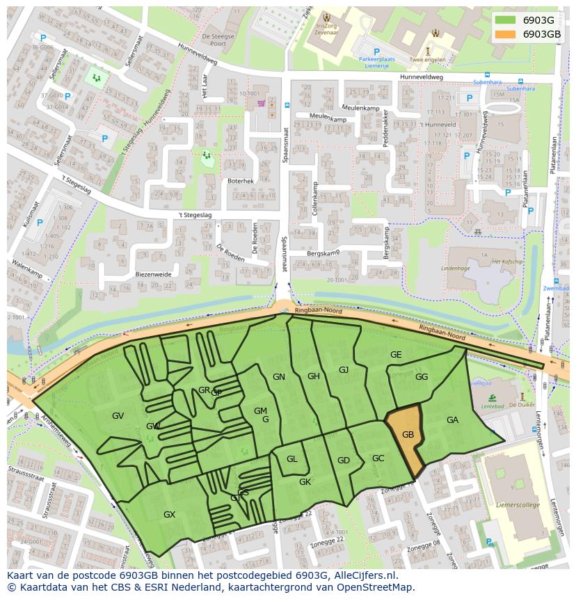 Afbeelding van het postcodegebied 6903 GB op de kaart.