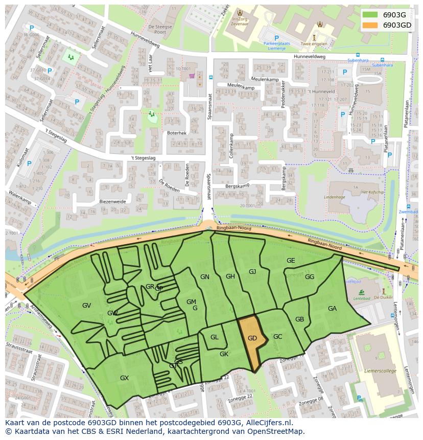 Afbeelding van het postcodegebied 6903 GD op de kaart.
