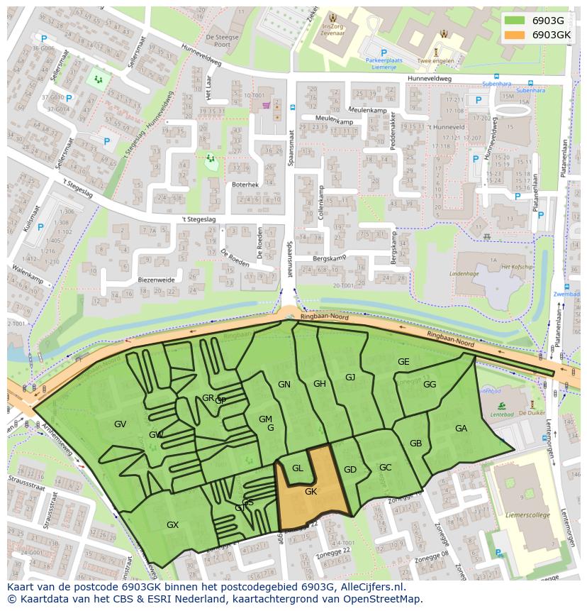 Afbeelding van het postcodegebied 6903 GK op de kaart.