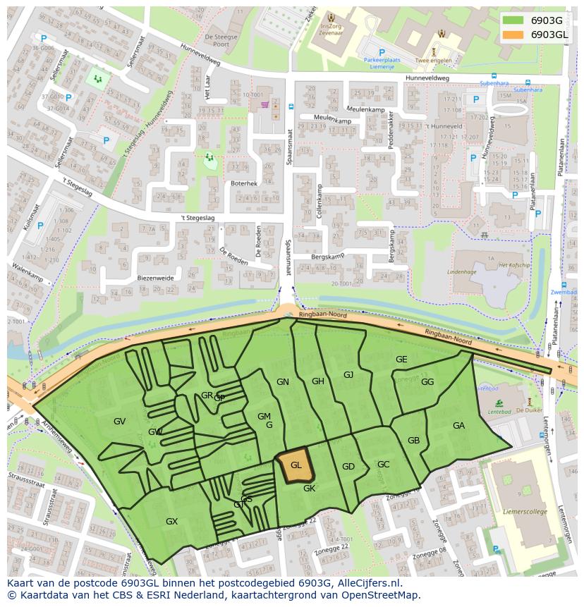 Afbeelding van het postcodegebied 6903 GL op de kaart.