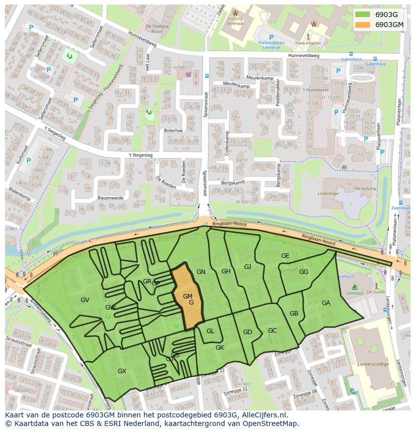 Afbeelding van het postcodegebied 6903 GM op de kaart.