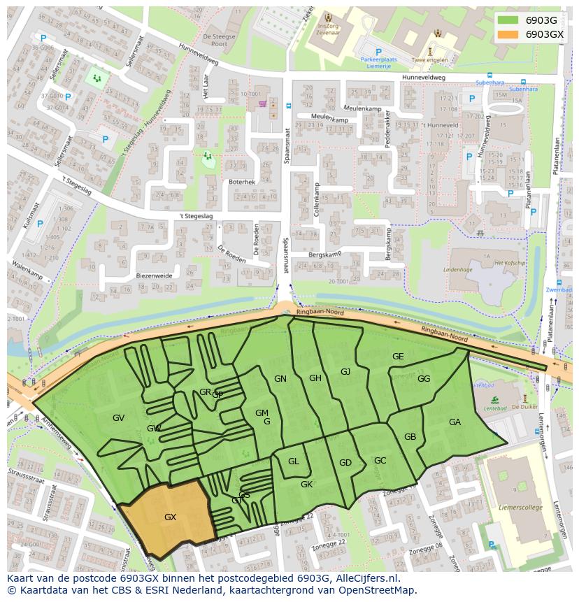 Afbeelding van het postcodegebied 6903 GX op de kaart.