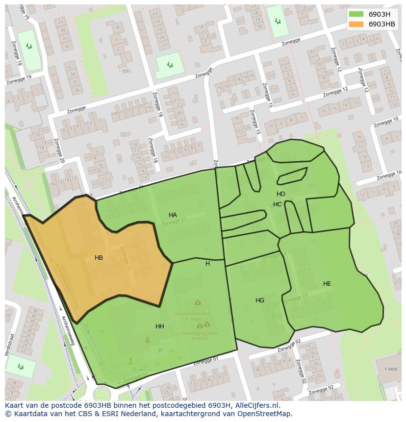 Afbeelding van het postcodegebied 6903 HB op de kaart.