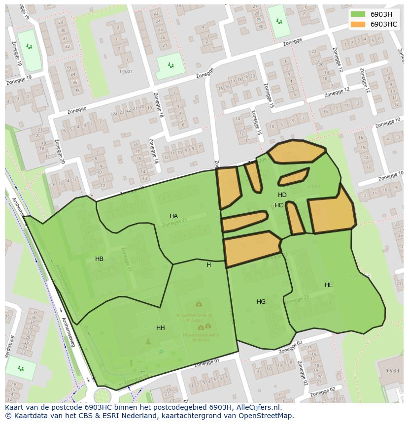 Afbeelding van het postcodegebied 6903 HC op de kaart.